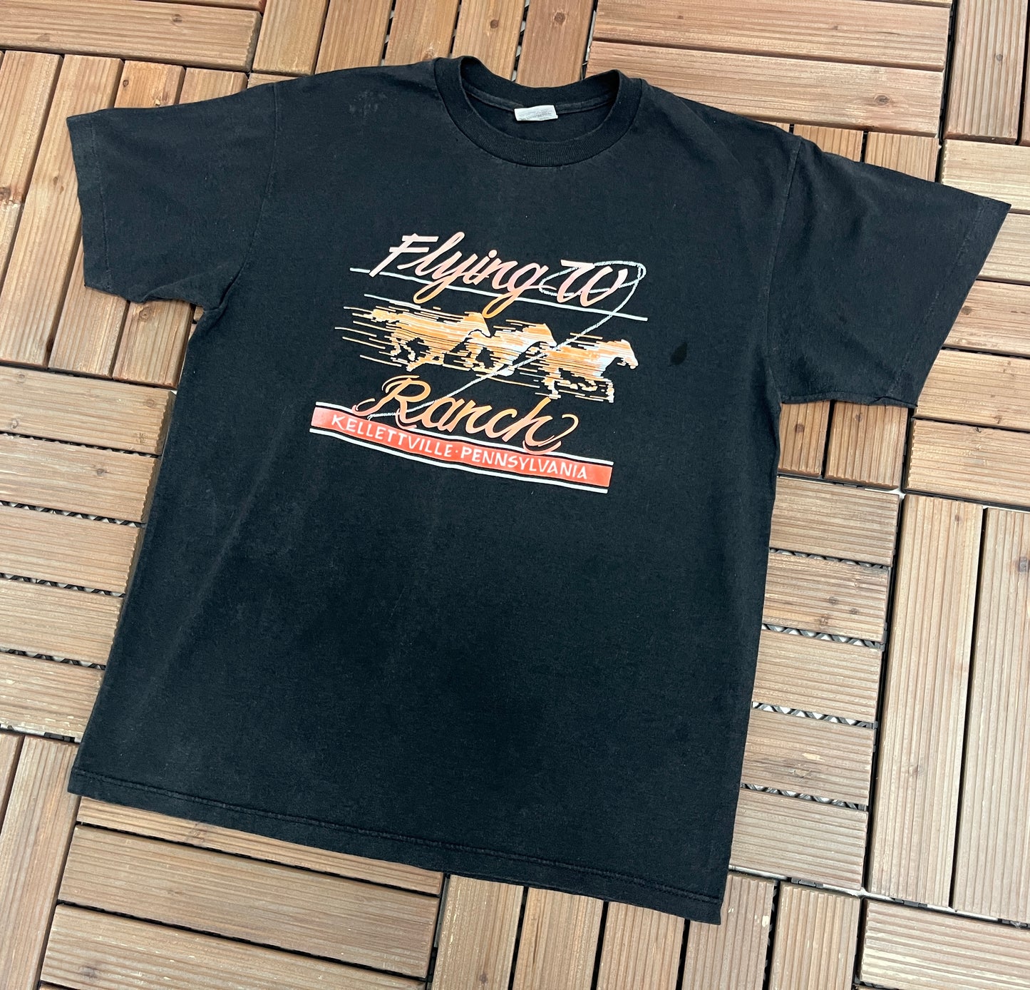 Flying W Ranch Kellettville, Pennsylvania Graphic Tee | Size Large | Vintage 1990s Made in USA Black T-Shirt |