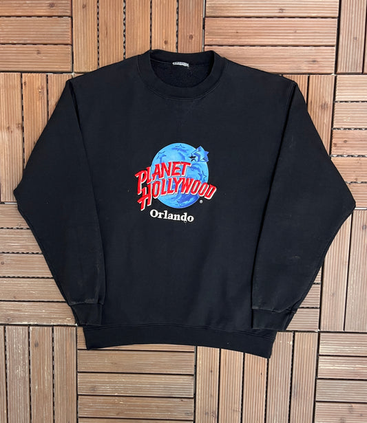 Planet Hollywood Orlando Graphic Crewneck | Size Large | Vintage 1990s Tourist Promotional Black Sweater |