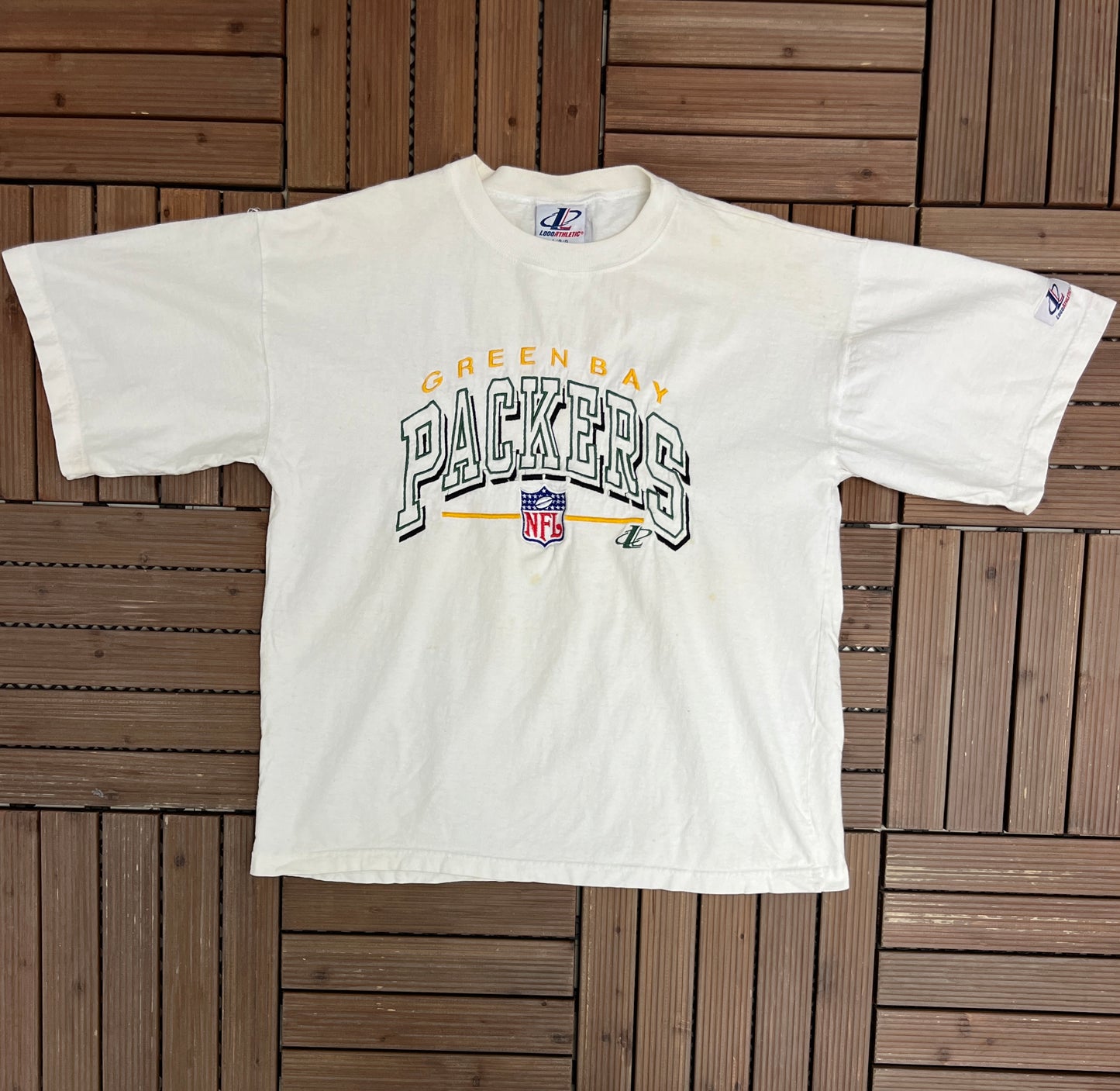 Green Bay Packers Embroidered Graphic Tee | Size Large | Vintage 1990s NFL Football White T-Shirt |