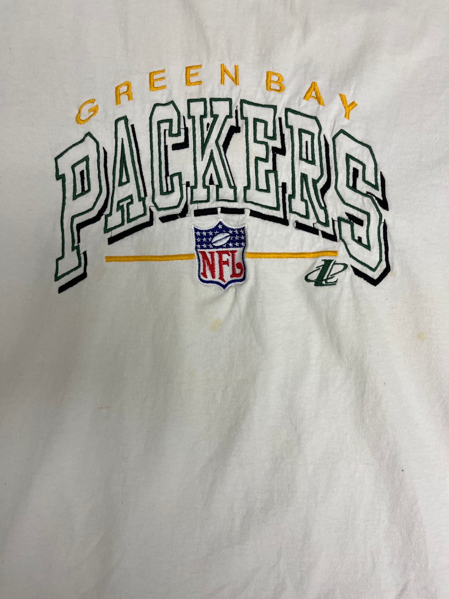 Green Bay Packers Embroidered Graphic Tee | Size Large | Vintage 1990s NFL Football White T-Shirt |