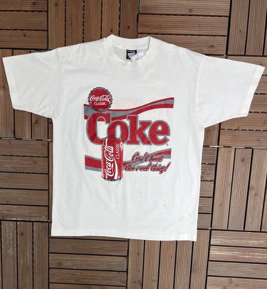 Enjoy Coke Graphic Tee | Size X-Large | Vintage 1990s Beverage Promotional White T-Shirt |