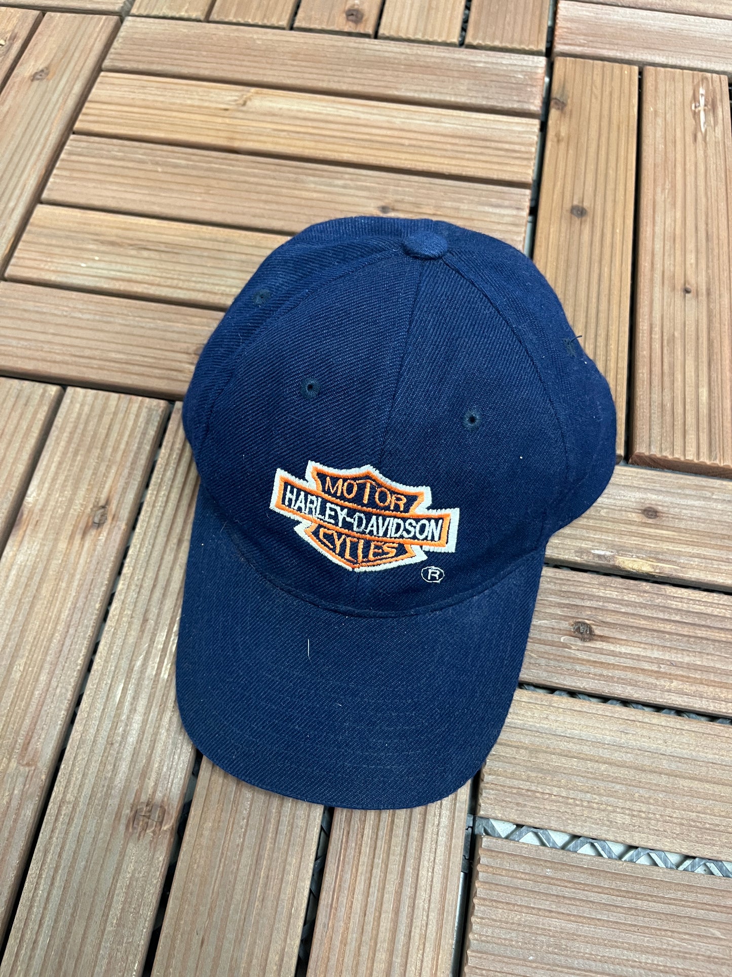 Harley Davidson Graphic Hat | Strap Back | Vintage 2000s Biker Motorcycle Blue Cap |