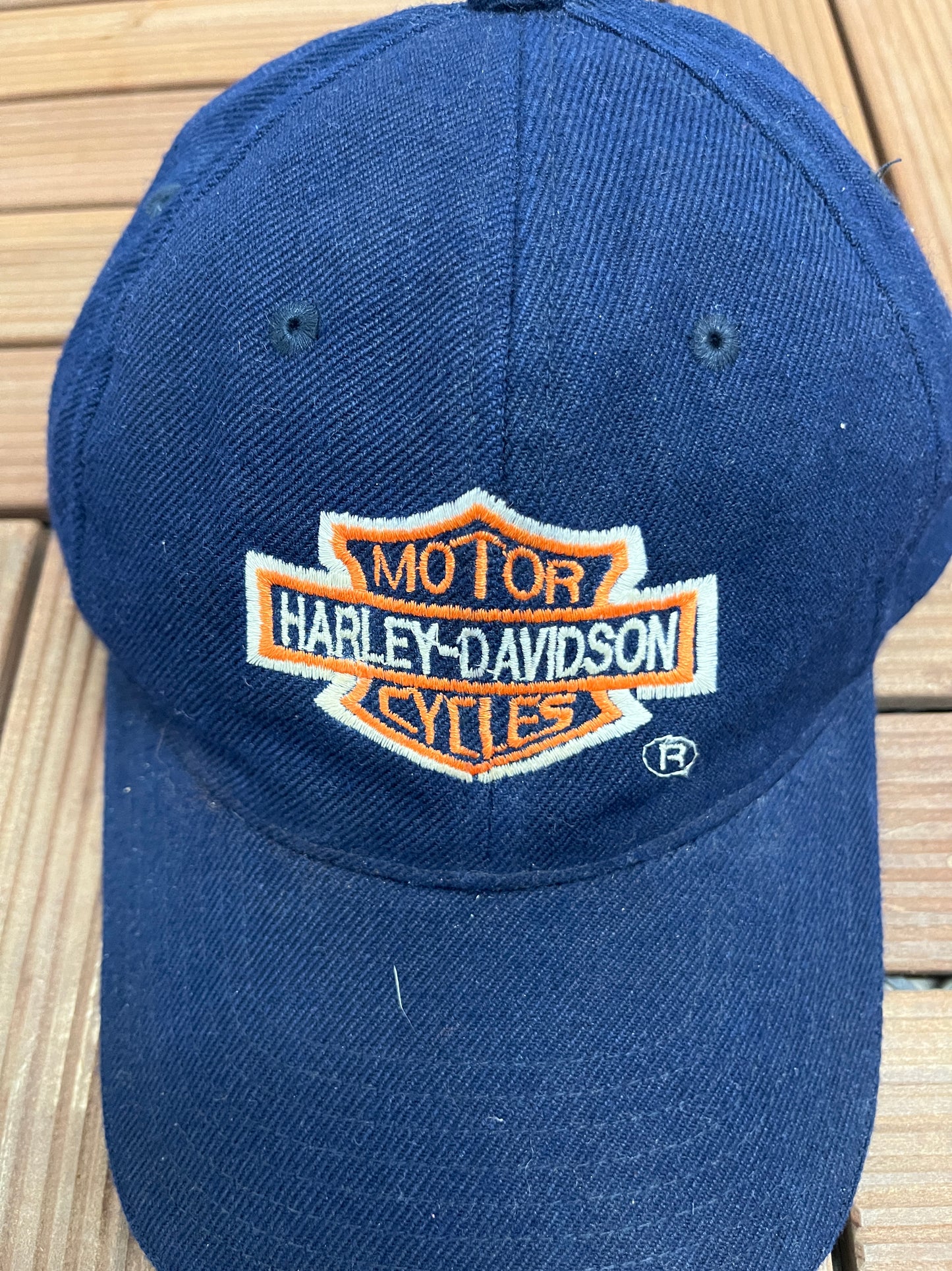 Harley Davidson Graphic Hat | Strap Back | Vintage 2000s Biker Motorcycle Blue Cap |