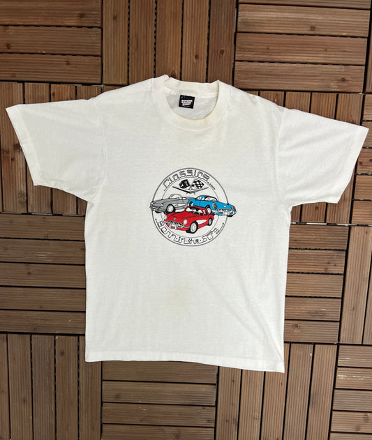 Classic Cars From The 50's Graphic Tee | Size Large | Vintage 1990s Single Stitch Muscle Car White T-Shirt | Free Shipping to USA |