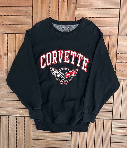 Corvette Stitched Graphic Crewneck | Size Large | Vintage 2000s Promotional Black Sweater |