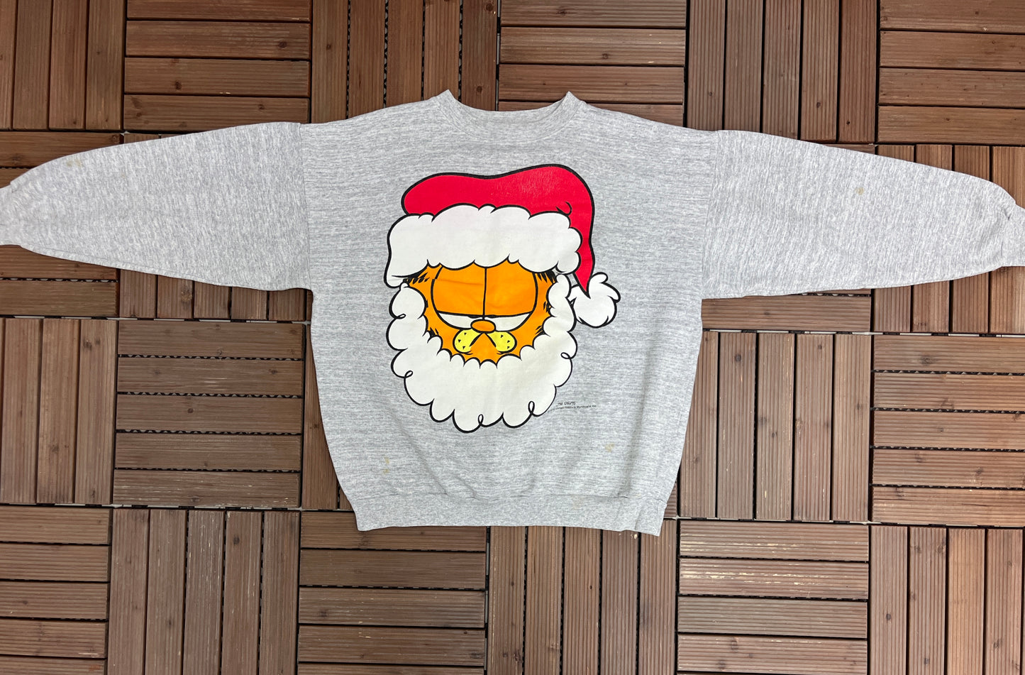 Garfield Santa Big Print Graphic Crewneck | Size X-Large | Vintage 1990s Cartoon Grey Sweater |