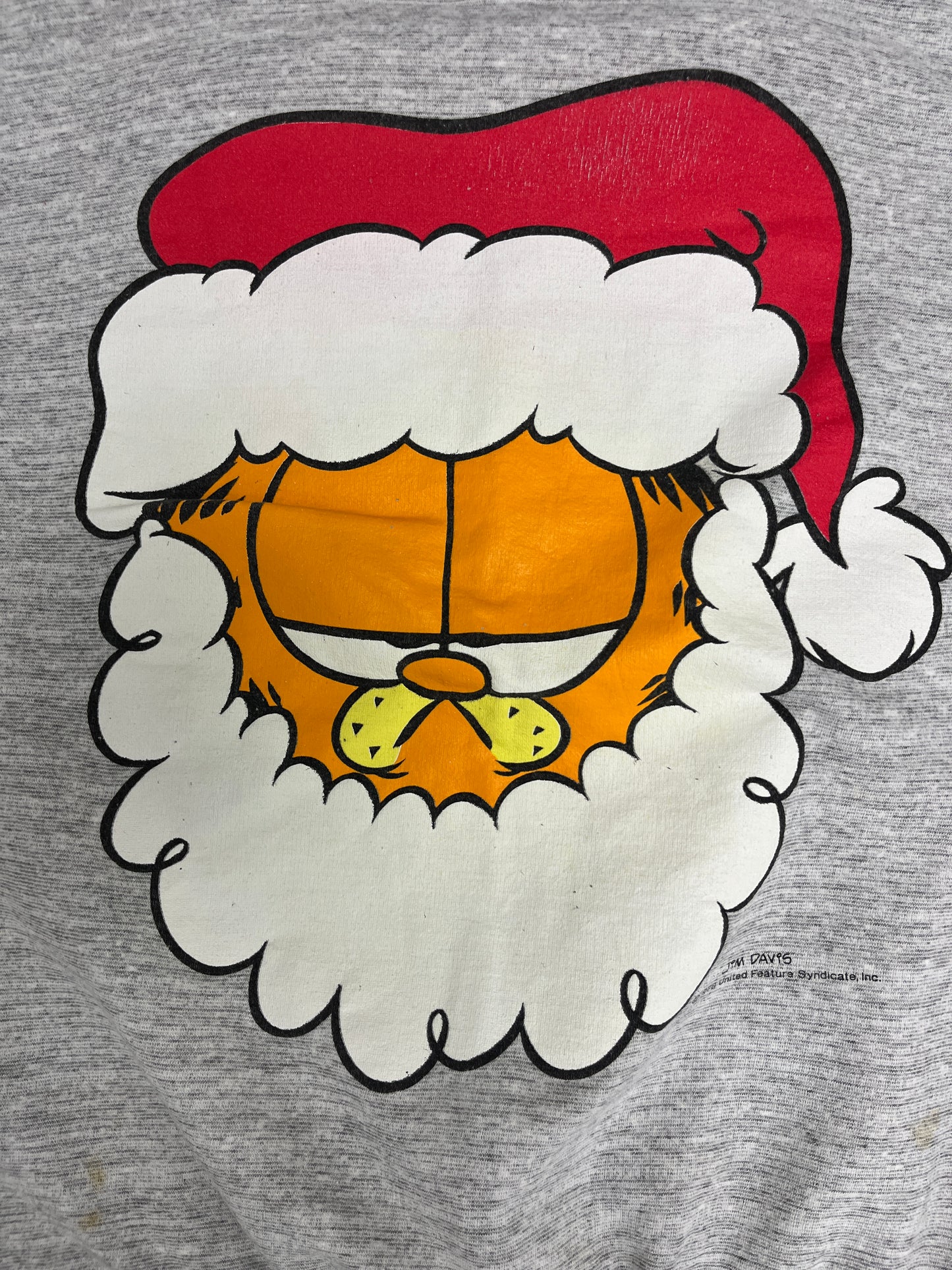 Garfield Santa Big Print Graphic Crewneck | Size X-Large | Vintage 1990s Cartoon Grey Sweater |