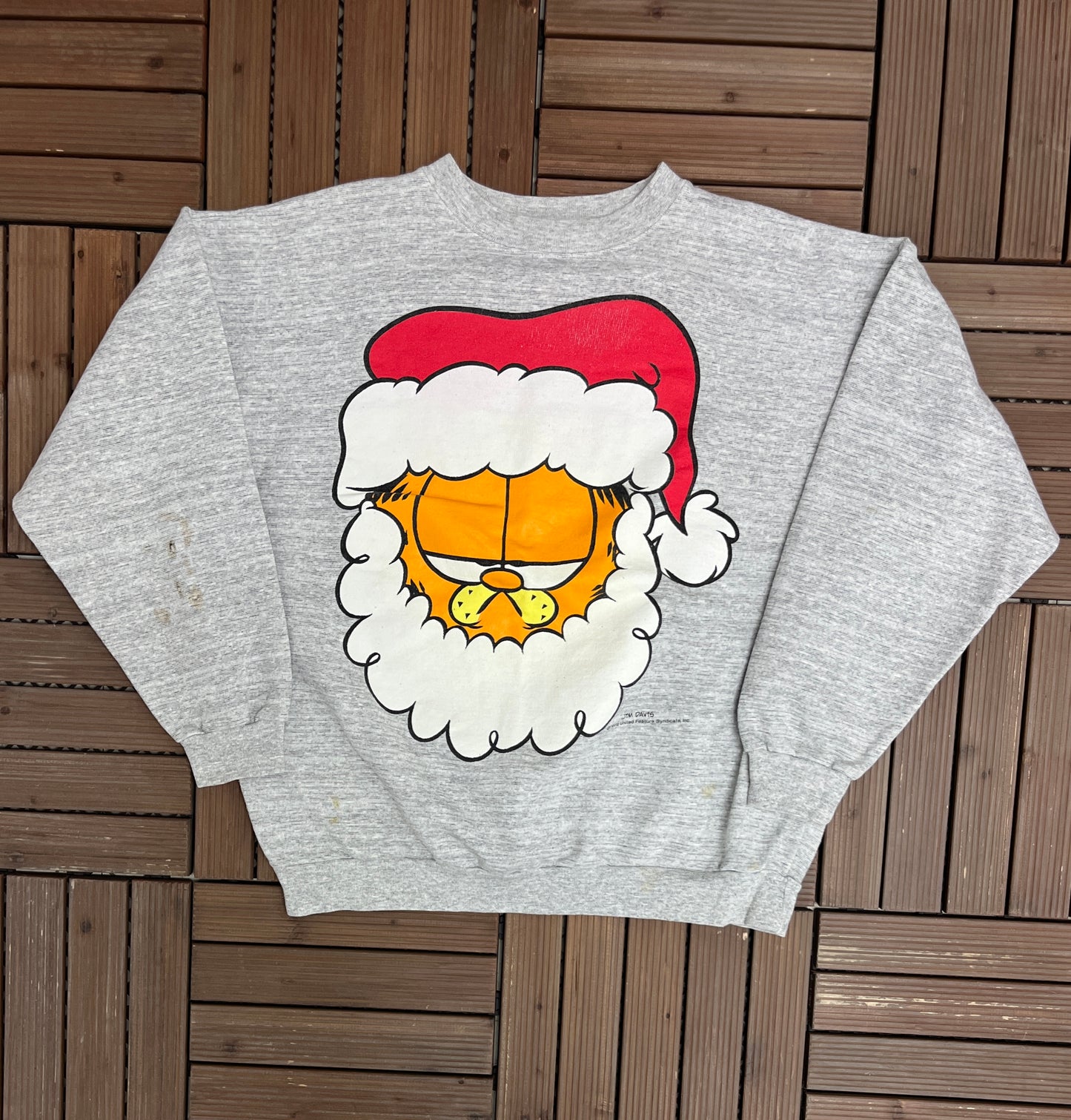 Garfield Santa Big Print Graphic Crewneck | Size X-Large | Vintage 1990s Cartoon Grey Sweater |