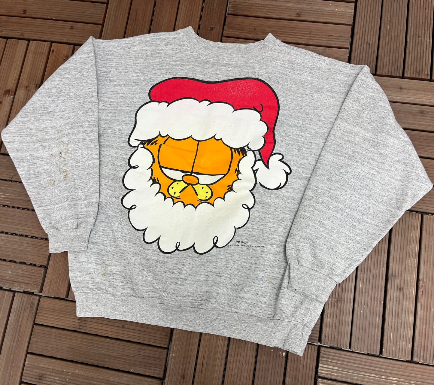 Garfield Santa Big Print Graphic Crewneck | Size X-Large | Vintage 1990s Cartoon Grey Sweater |