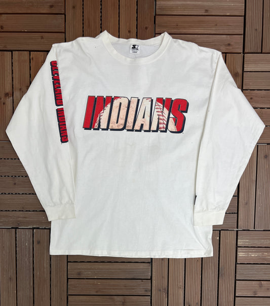 Cleveland Indians American League Graphic Tee | Size Large | Vintage 1990s Starter MLB Long Sleeve White T-Shirt | Free Shipping to USA |