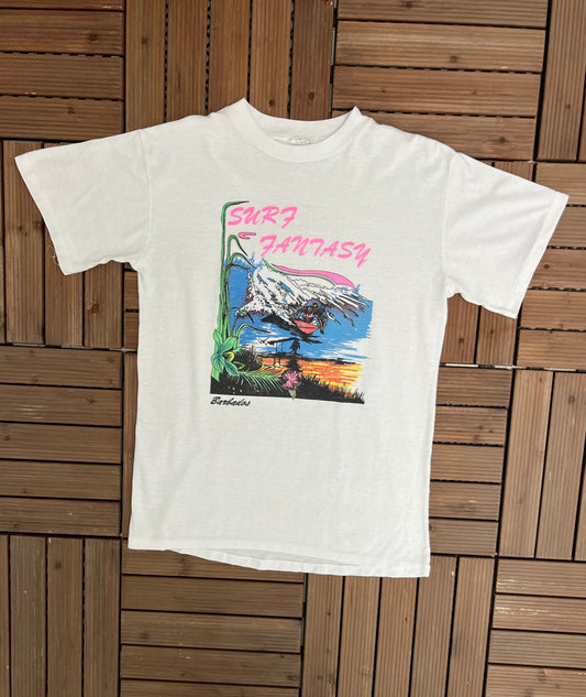 Surf Fantasy Barbados Graphic Tee | Size Large | Vintage 1990s Single Stitch Promotional Tourist White T-Shirt | Free Shipping to USA |
