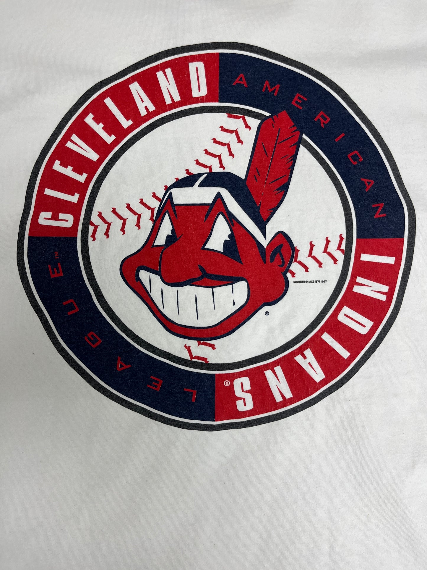 Cleveland Indians American League Graphic Tee | Size Large | Vintage 1990s Starter MLB Long Sleeve White T-Shirt | Free Shipping to USA |