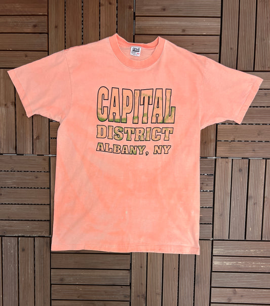 Capital District Albany, New York Graphic Tee | One Size Fits All | Vintage 1990s Tourist Promotional Salmon T-Shirt |