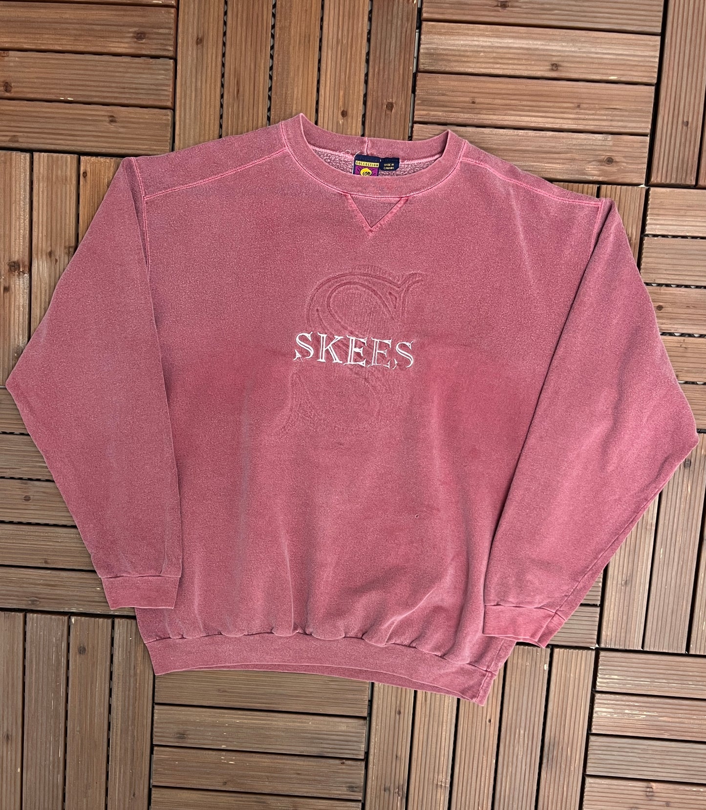 Skees Embroidered Graphic Crewneck | Size Large | Vintage 1990s Promotional Faded Red Sweater | Made in Canada | Free Shipping to USA |