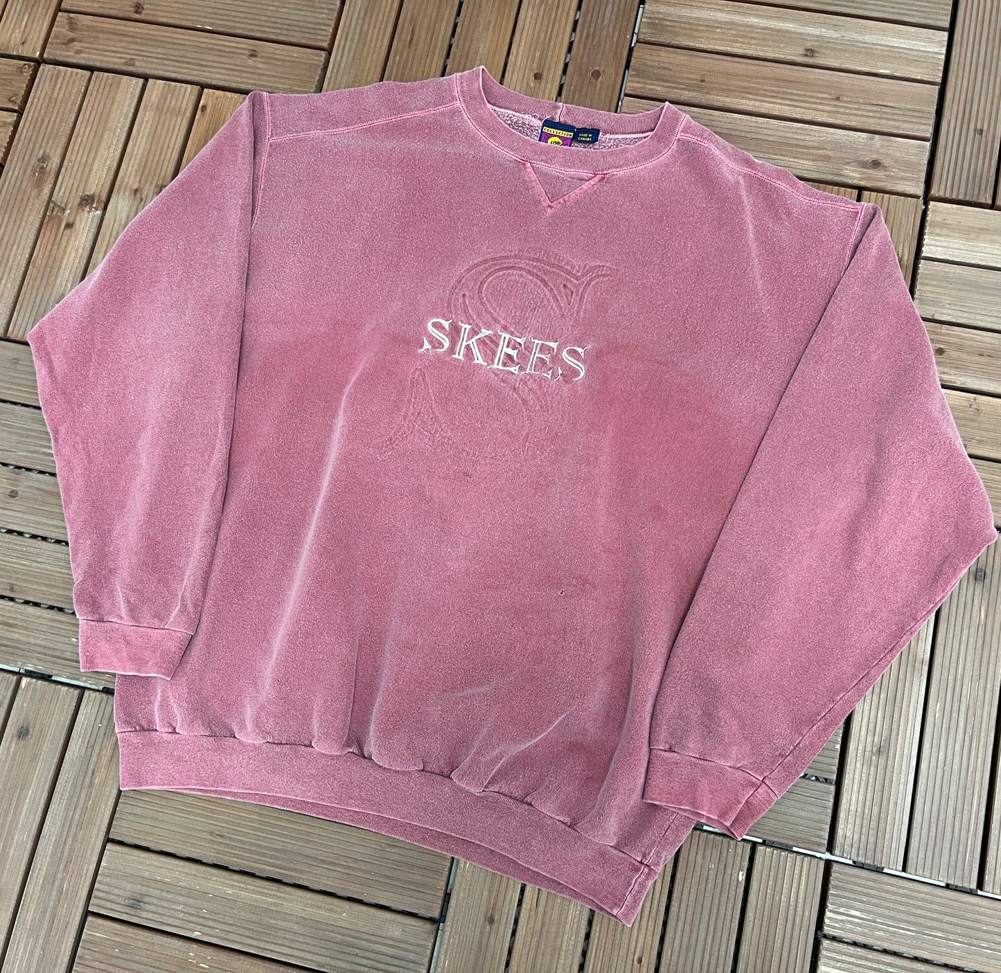 Skees Embroidered Graphic Crewneck | Size Large | Vintage 1990s Promotional Faded Red Sweater | Made in Canada | Free Shipping to USA |