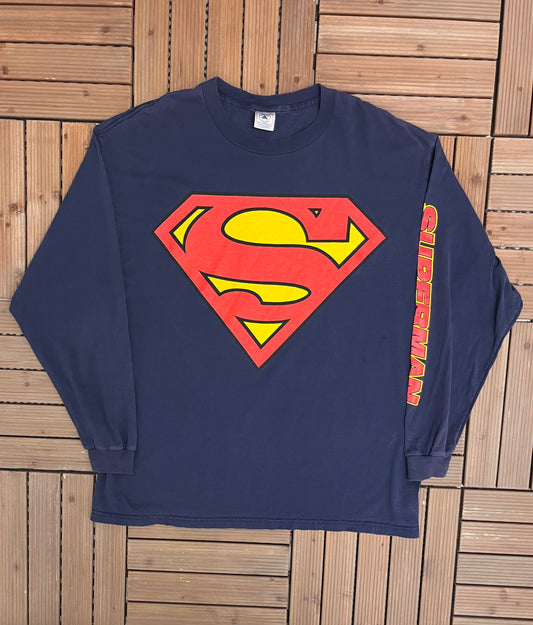 Superman Logo Graphic Tee | Size X- Large | Vintage 2000s Blue Promotional Comic Superhero T-Shirt |