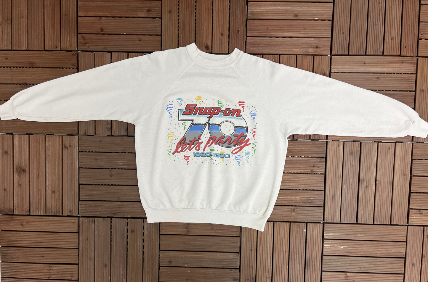 Snap-On Let's Party Graphic Crewneck | Size Large | Vintage 1980s Promotional White Sweatshirt | Made in USA | Free Shipping to USA |