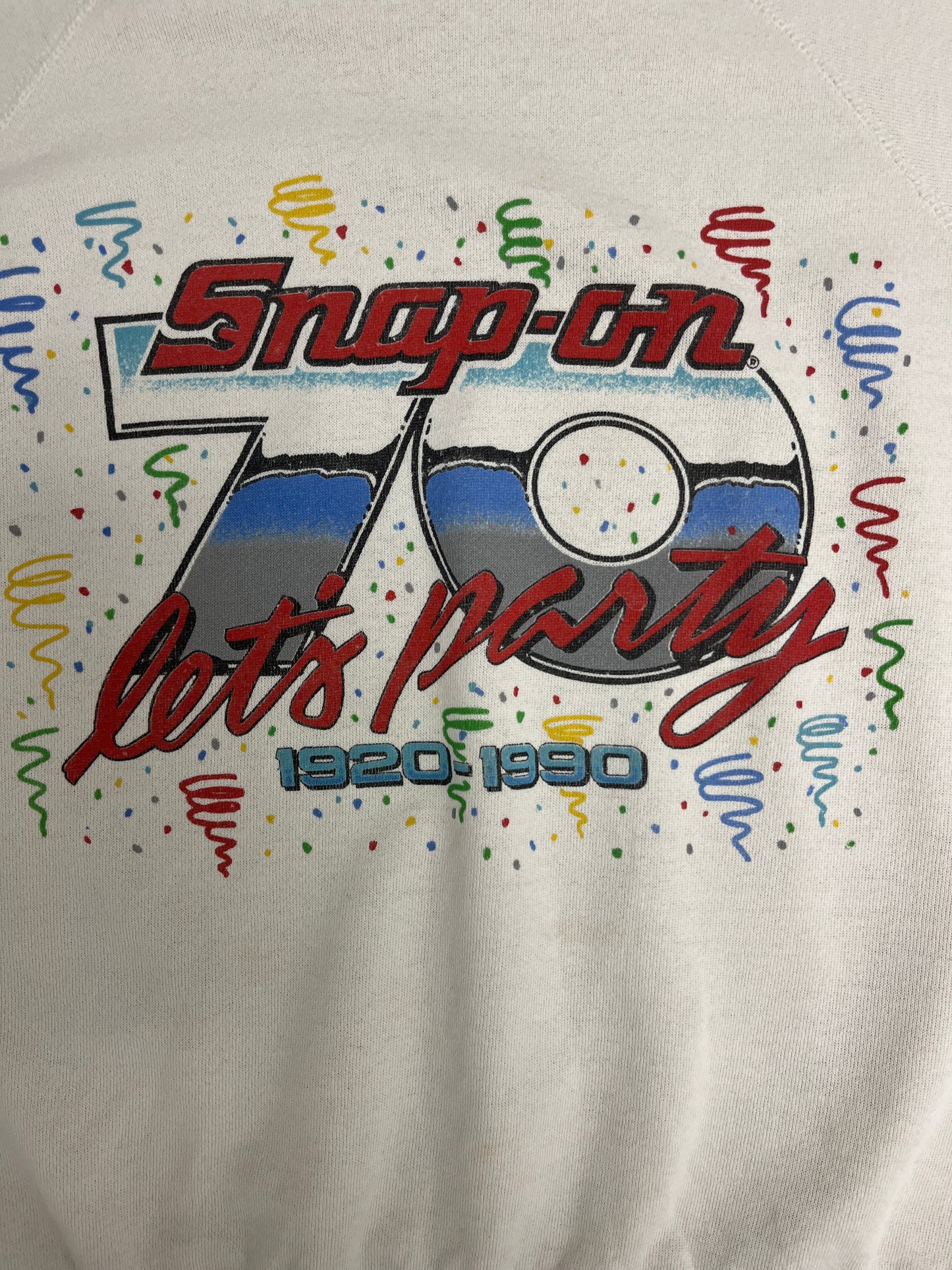 Snap-On Let's Party Graphic Crewneck | Size Large | Vintage 1980s Promotional White Sweatshirt | Made in USA | Free Shipping to USA |