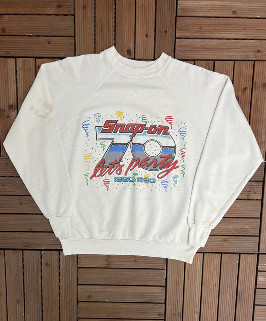 Snap-On Let's Party Graphic Crewneck | Size Large | Vintage 1980s Promotional White Sweatshirt | Made in USA | Free Shipping to USA |