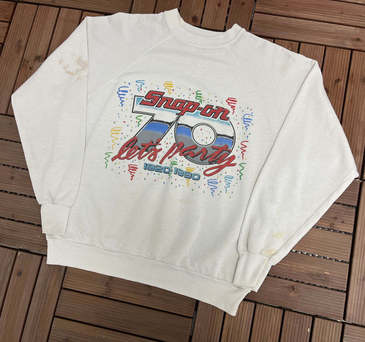 Snap-On Let's Party Graphic Crewneck | Size Large | Vintage 1980s Promotional White Sweatshirt | Made in USA | Free Shipping to USA |