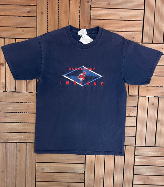 Cleveland Indians Embroidered Graphic Tee | Size Large | Vintage 1990s MLB Baseball Blue T-Shirt |