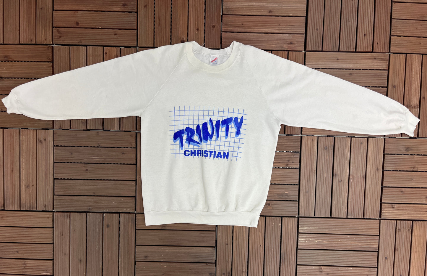 Trinity Christian School Graphic Crewneck | Size Large | Vintage 1980s School White Sweater | Made in USA |