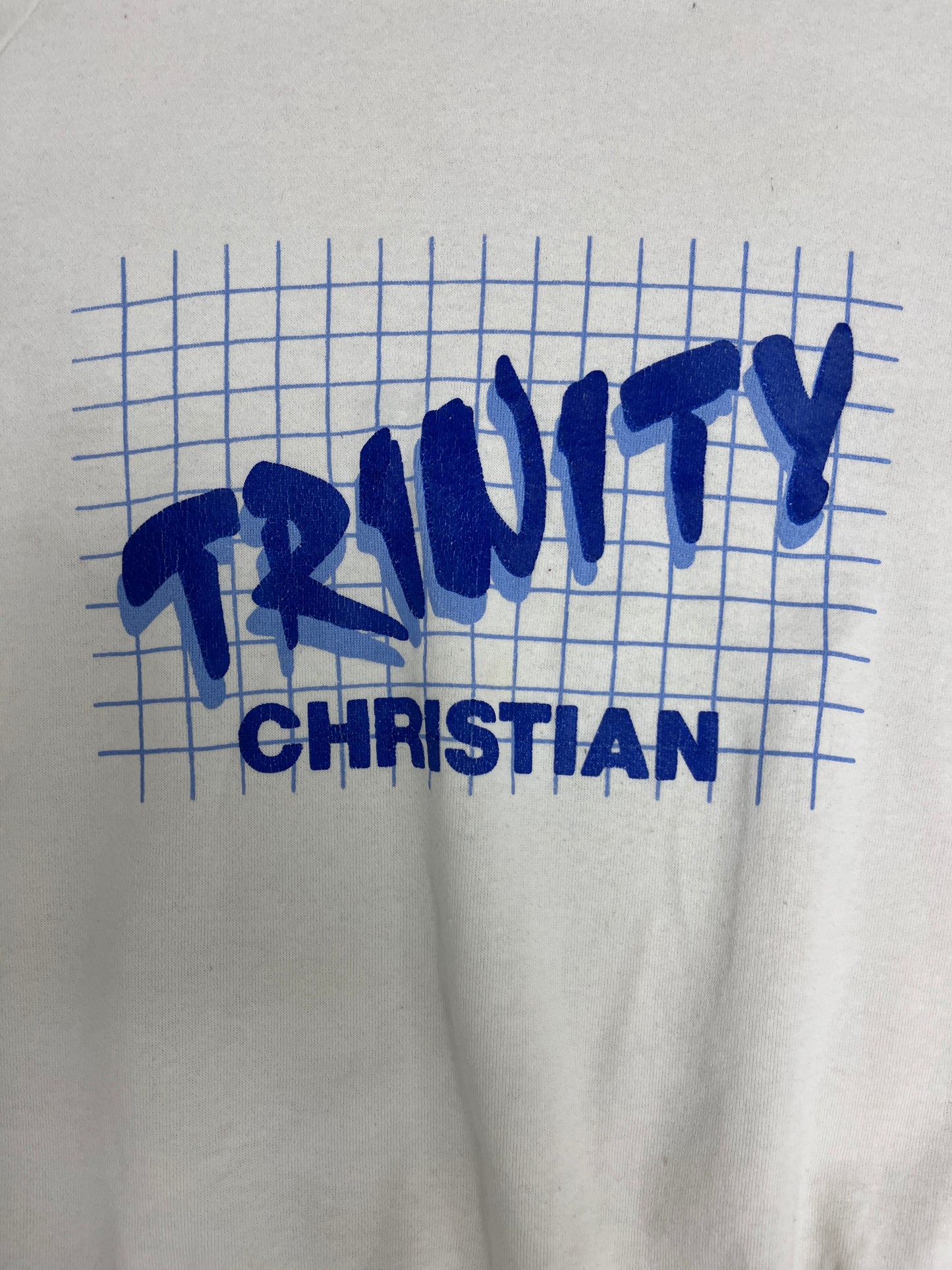 Trinity Christian School Graphic Crewneck | Size Large | Vintage 1980s School White Sweater | Made in USA |