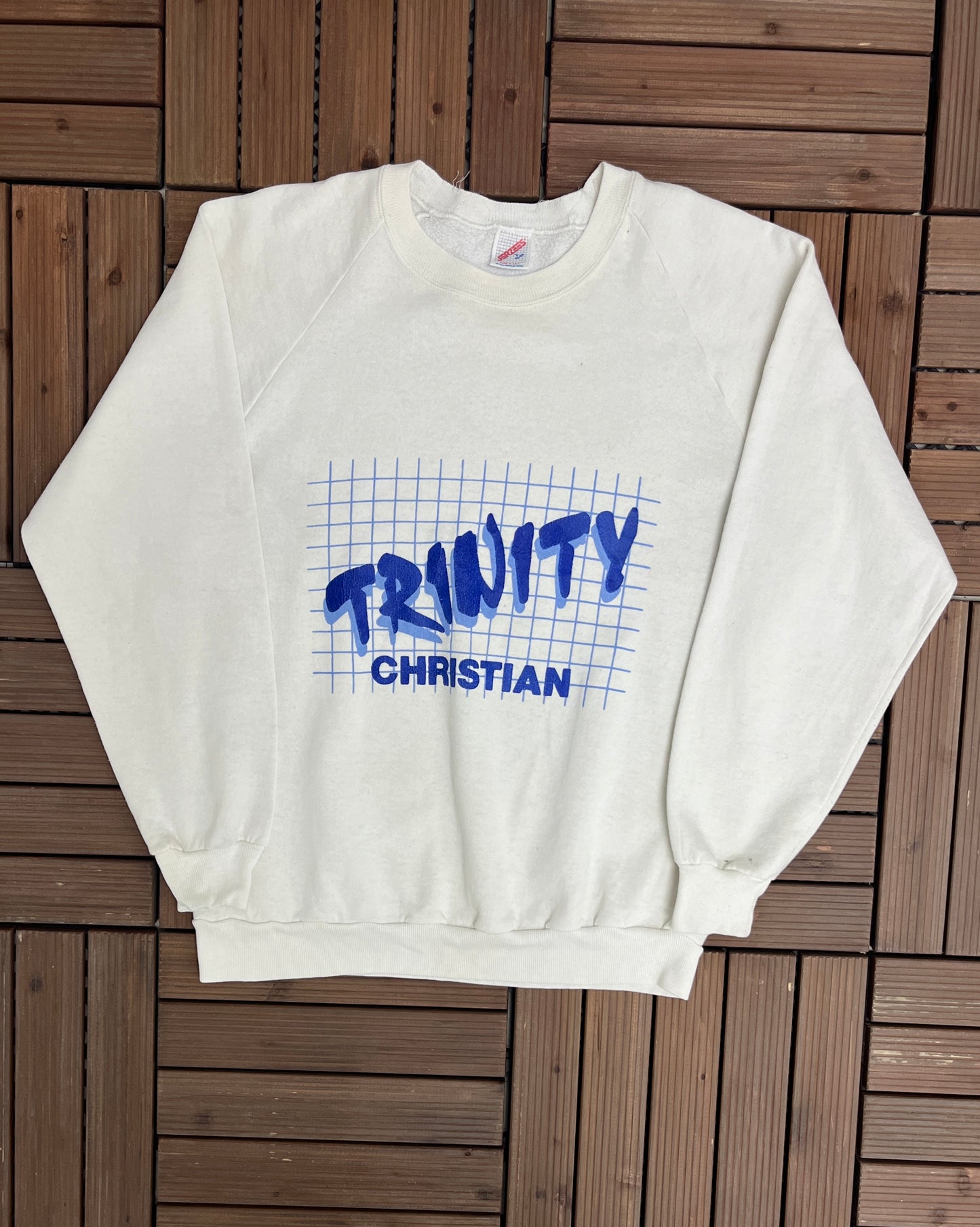 Trinity Christian School Graphic Crewneck | Size Large | Vintage 1980s School White Sweater | Made in USA |