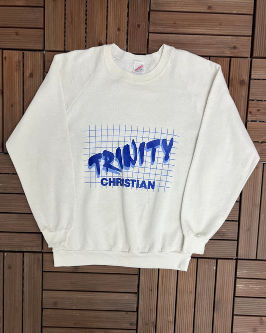 Trinity Christian School Graphic Crewneck | Size Large | Vintage 1980s School White Sweater | Made in USA |