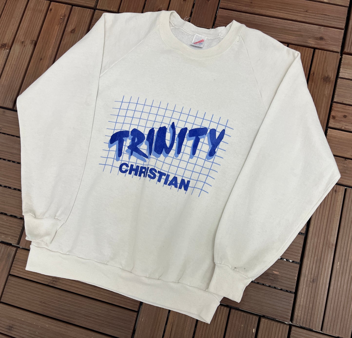 Trinity Christian School Graphic Crewneck | Size Large | Vintage 1980s School White Sweater | Made in USA |