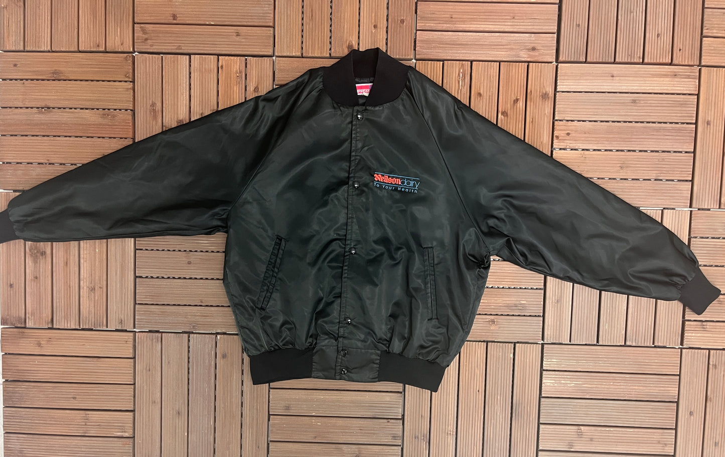 Neilson Dairy Embroidered Graphic Bomber Jacket | Size Large | Vintage 2000s Promotional Bomber Black Jacket |