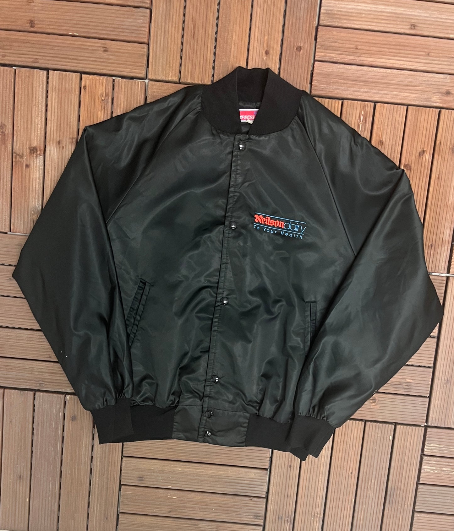 Neilson Dairy Embroidered Graphic Bomber Jacket | Size Large | Vintage 2000s Promotional Bomber Black Jacket |