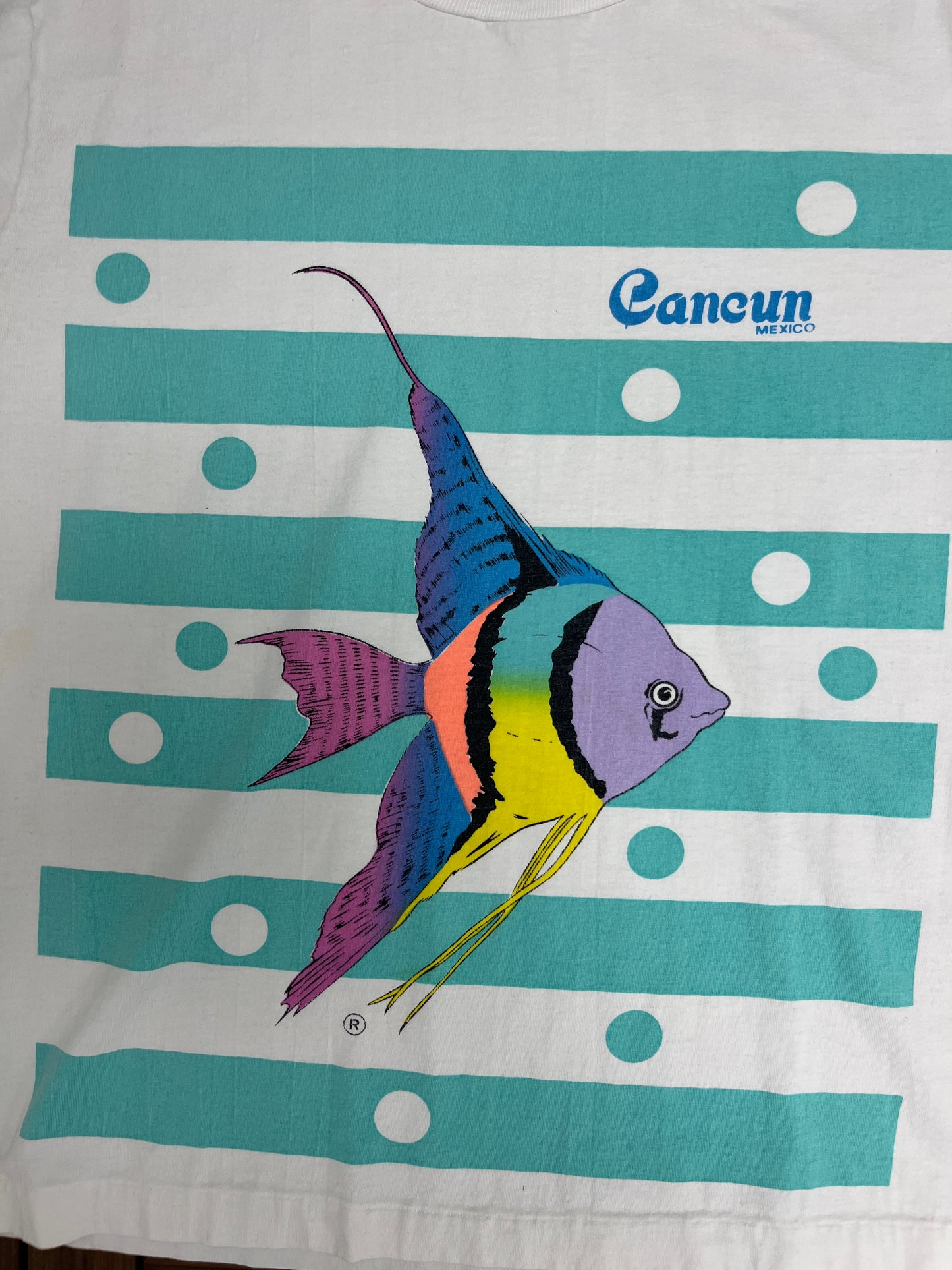 Cancun, Mexico Fish Graphic Tee | Size 46 | Vintage 1990s Single Stitch Tourist Blue & White T-Shirt |