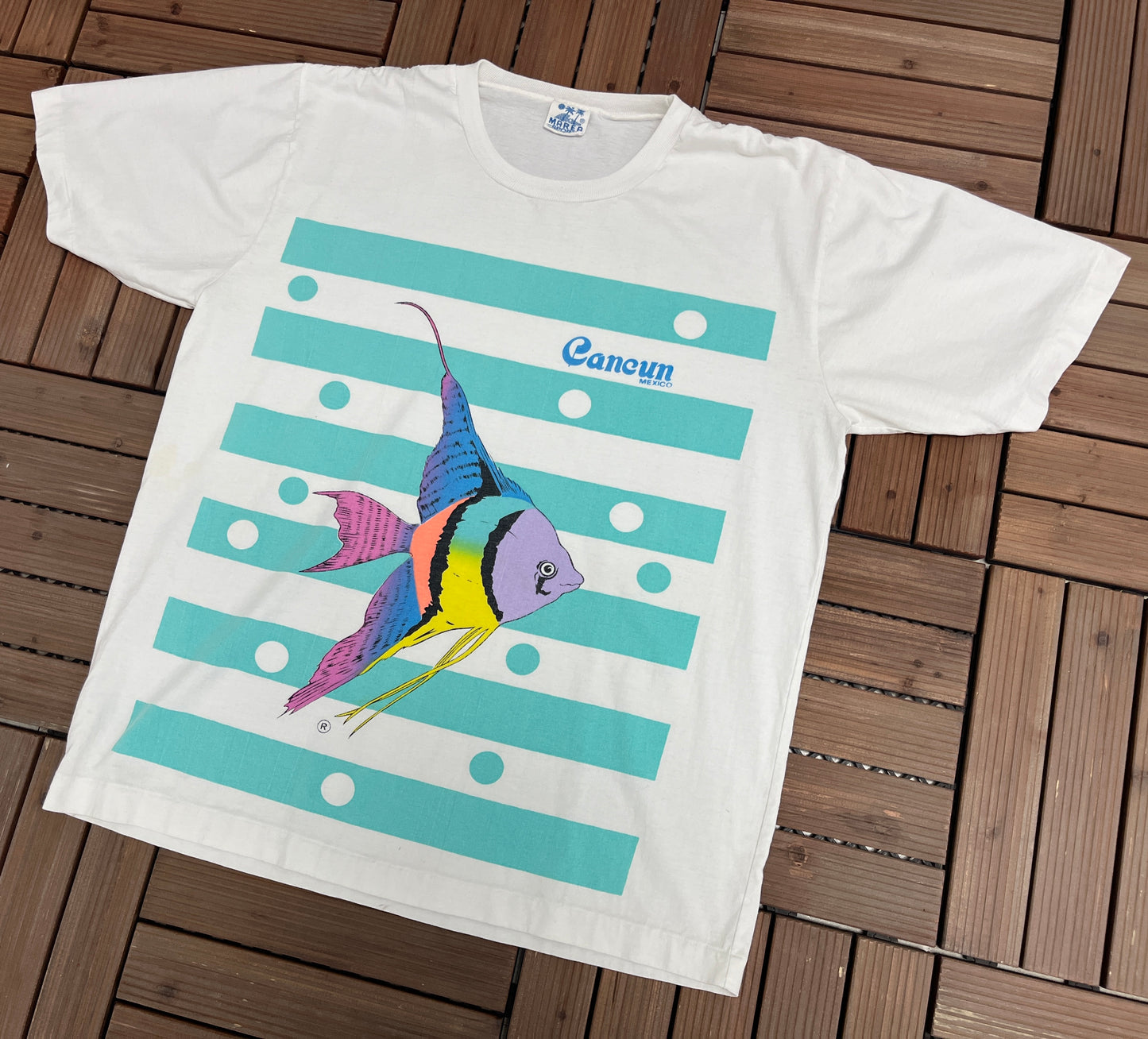 Cancun, Mexico Fish Graphic Tee | Size 46 | Vintage 1990s Single Stitch Tourist Blue & White T-Shirt |