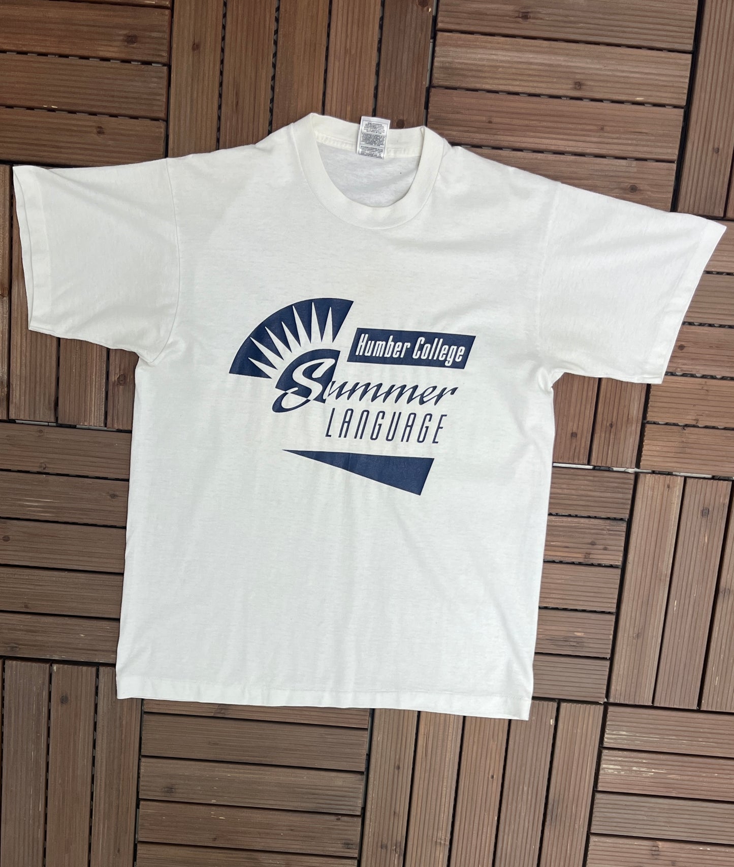 Humber College Summer Language Graphic Tee | Size Large | Vintage 1990s Single Stitch College White T-Shirt |