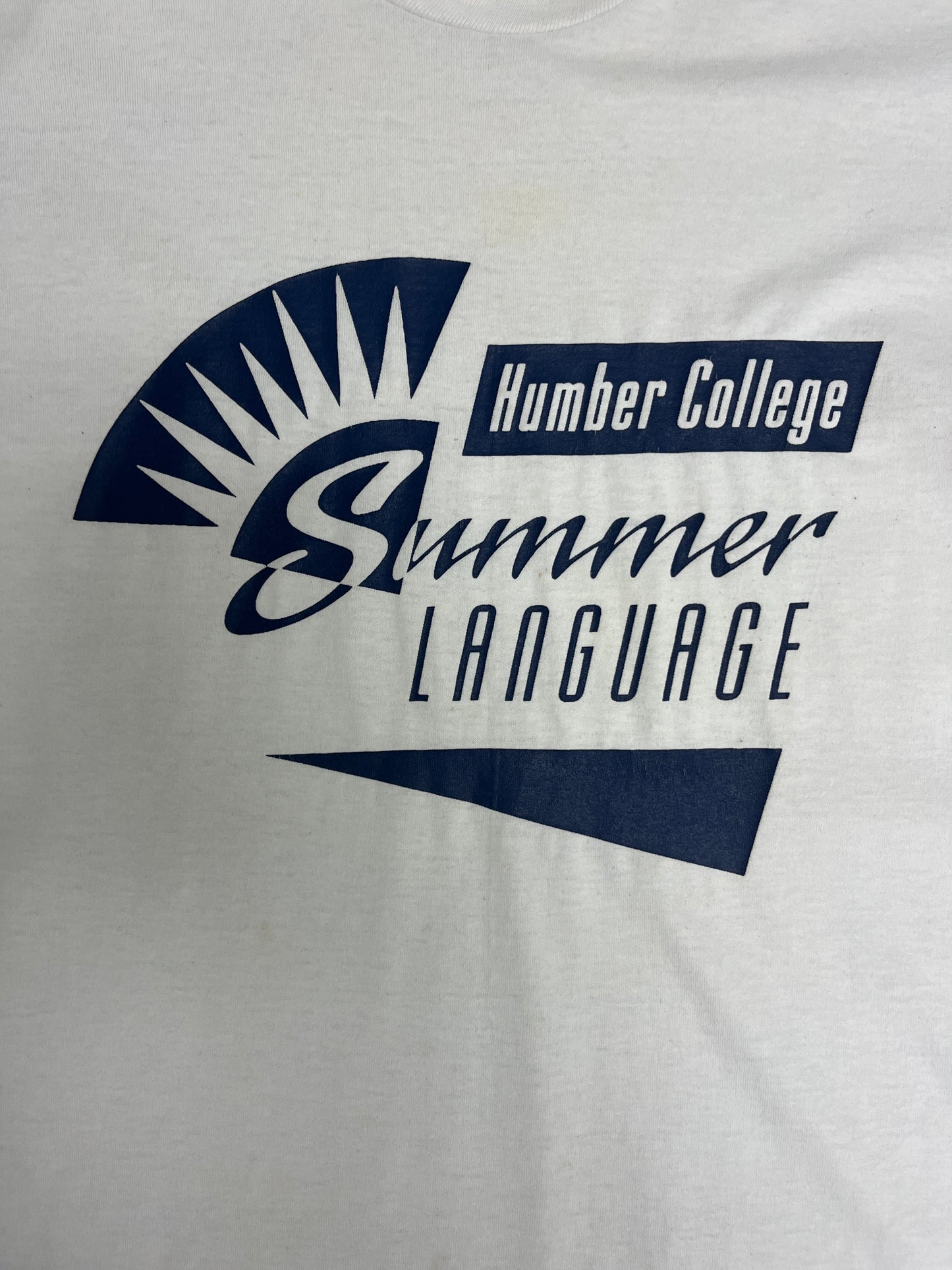 Humber College Summer Language Graphic Tee | Size Large | Vintage 1990s Single Stitch College White T-Shirt |