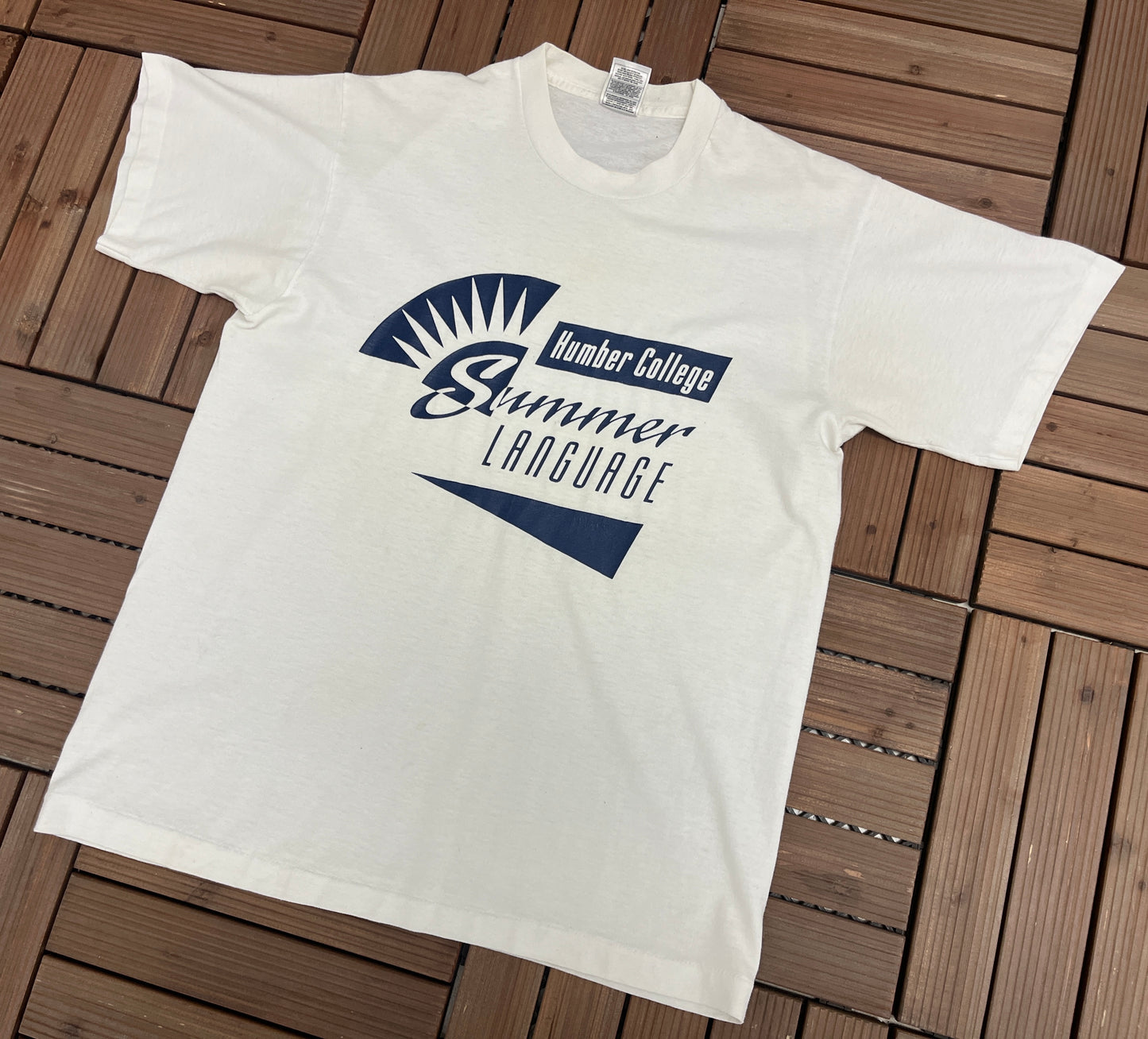 Humber College Summer Language Graphic Tee | Size Large | Vintage 1990s Single Stitch College White T-Shirt |