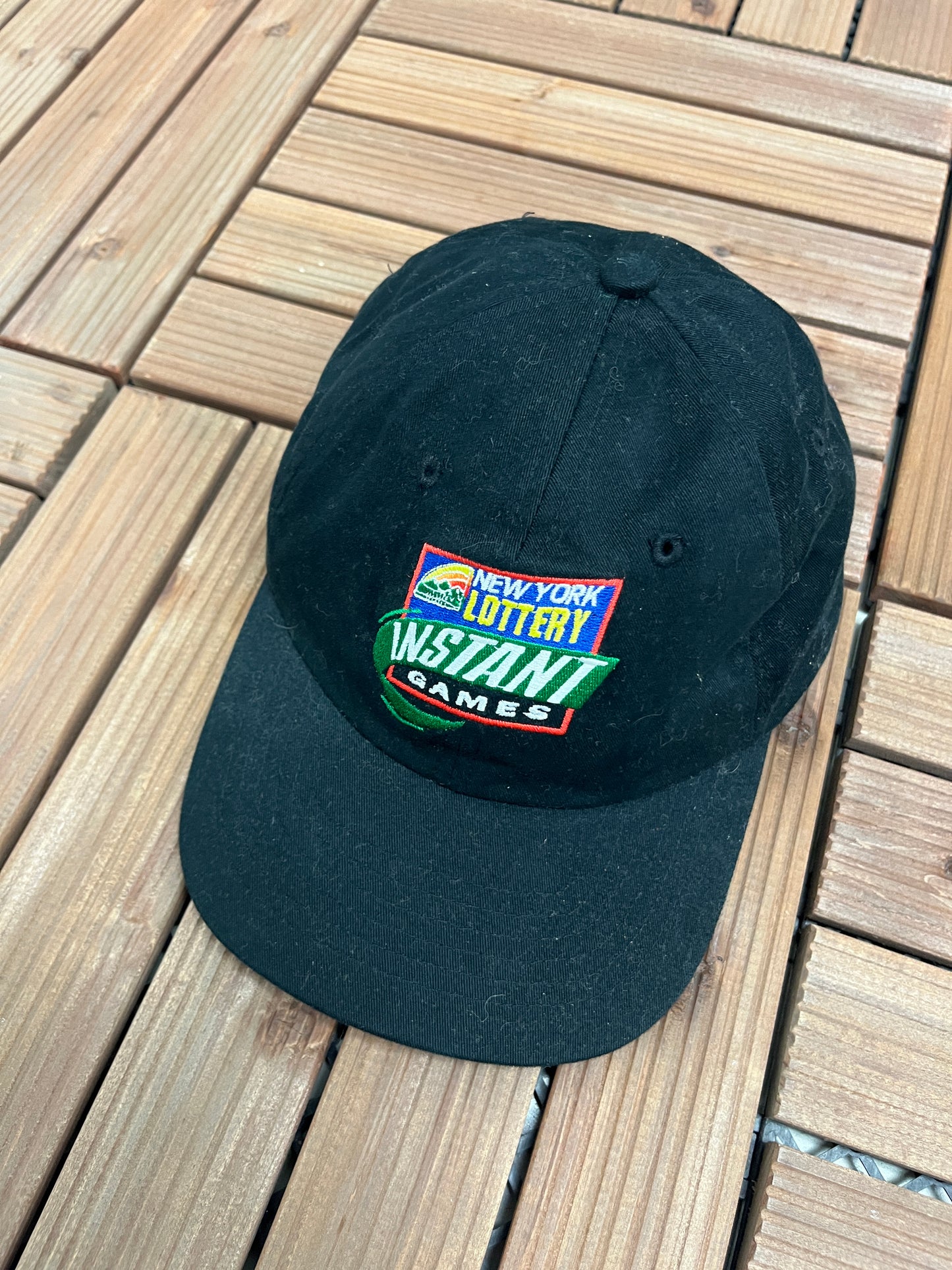 New York Lottery Instant Games Graphic Hat | Metal Clasp Adjustable | Vintage 2000s Promotional Black Cap |