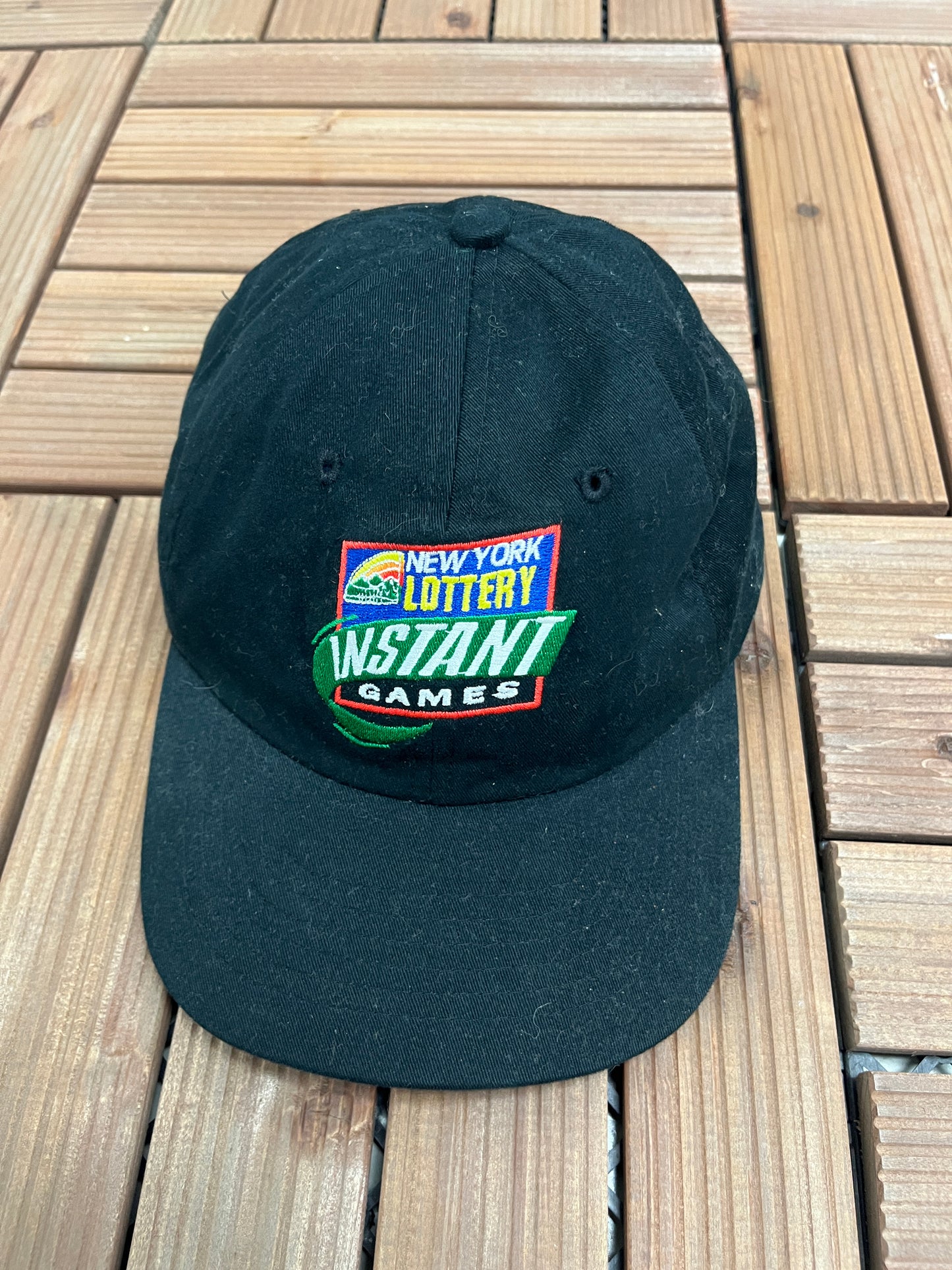 New York Lottery Instant Games Graphic Hat | Metal Clasp Adjustable | Vintage 2000s Promotional Black Cap |