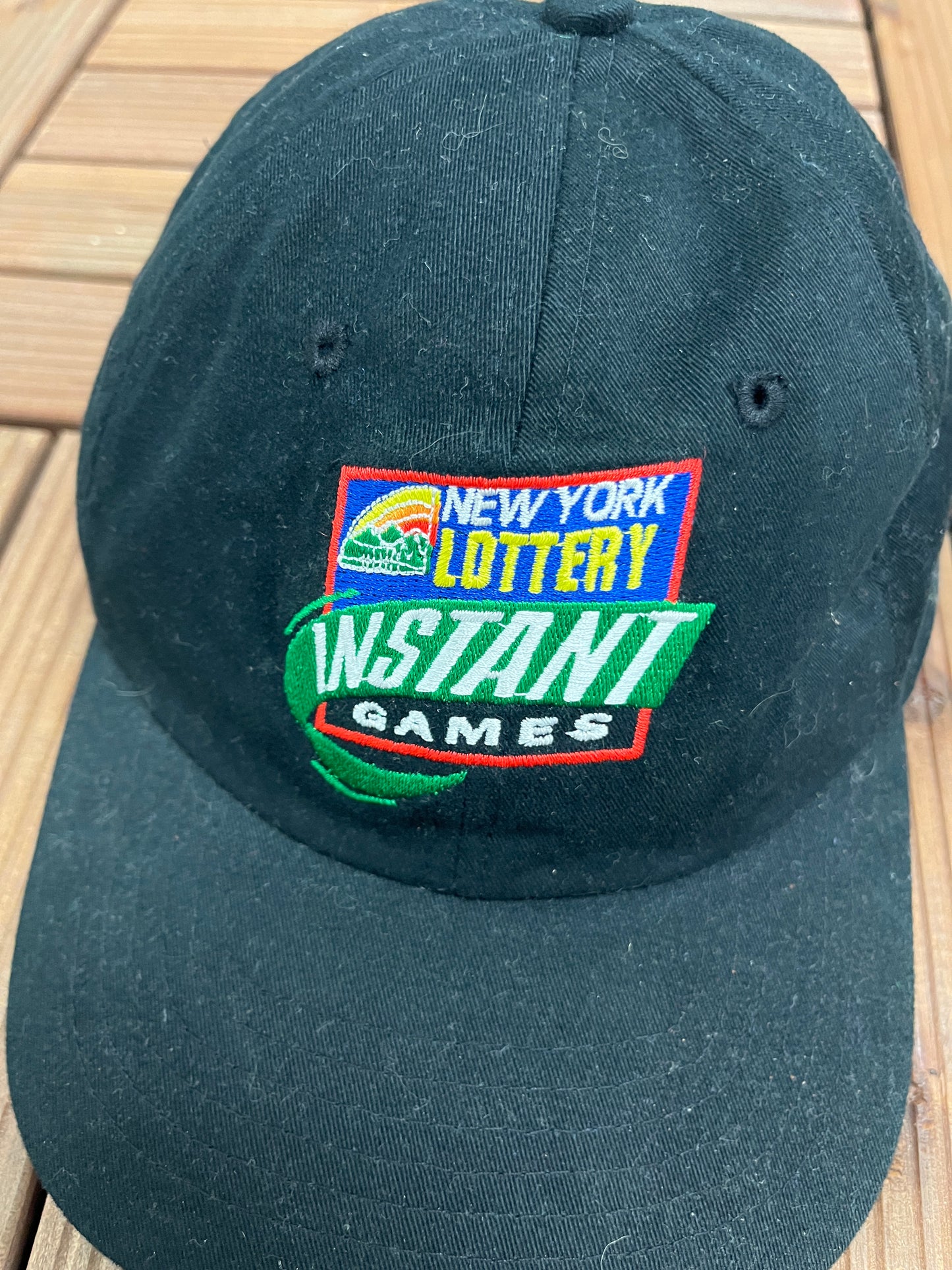 New York Lottery Instant Games Graphic Hat | Metal Clasp Adjustable | Vintage 2000s Promotional Black Cap |