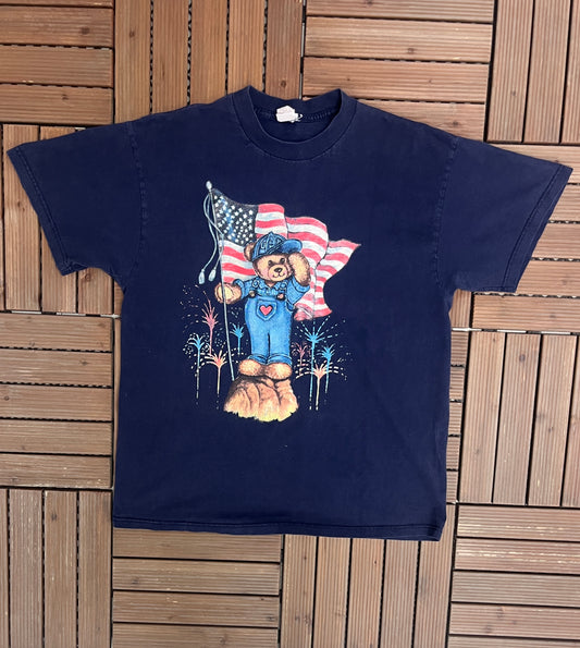 American Teddy Bear Graphic Tee | Size X-Large | Vintage 2000s Branded Blue T-Shirt |