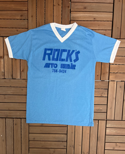 Rock's Auto Repair Graphic Tee | Size X-Large | Vintage 1980s Single Stitch Promotional Blue T-Shirt | Made in USA | Free Shipping to USA |