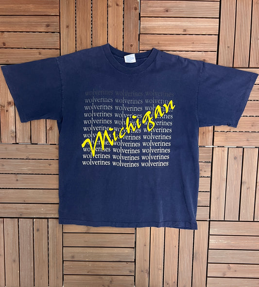 Michigan Wolverines Spell Out Graphic Tee | Size X-Large | Vintage 1990s College Sports Blue T-Shirt | Made in USA |