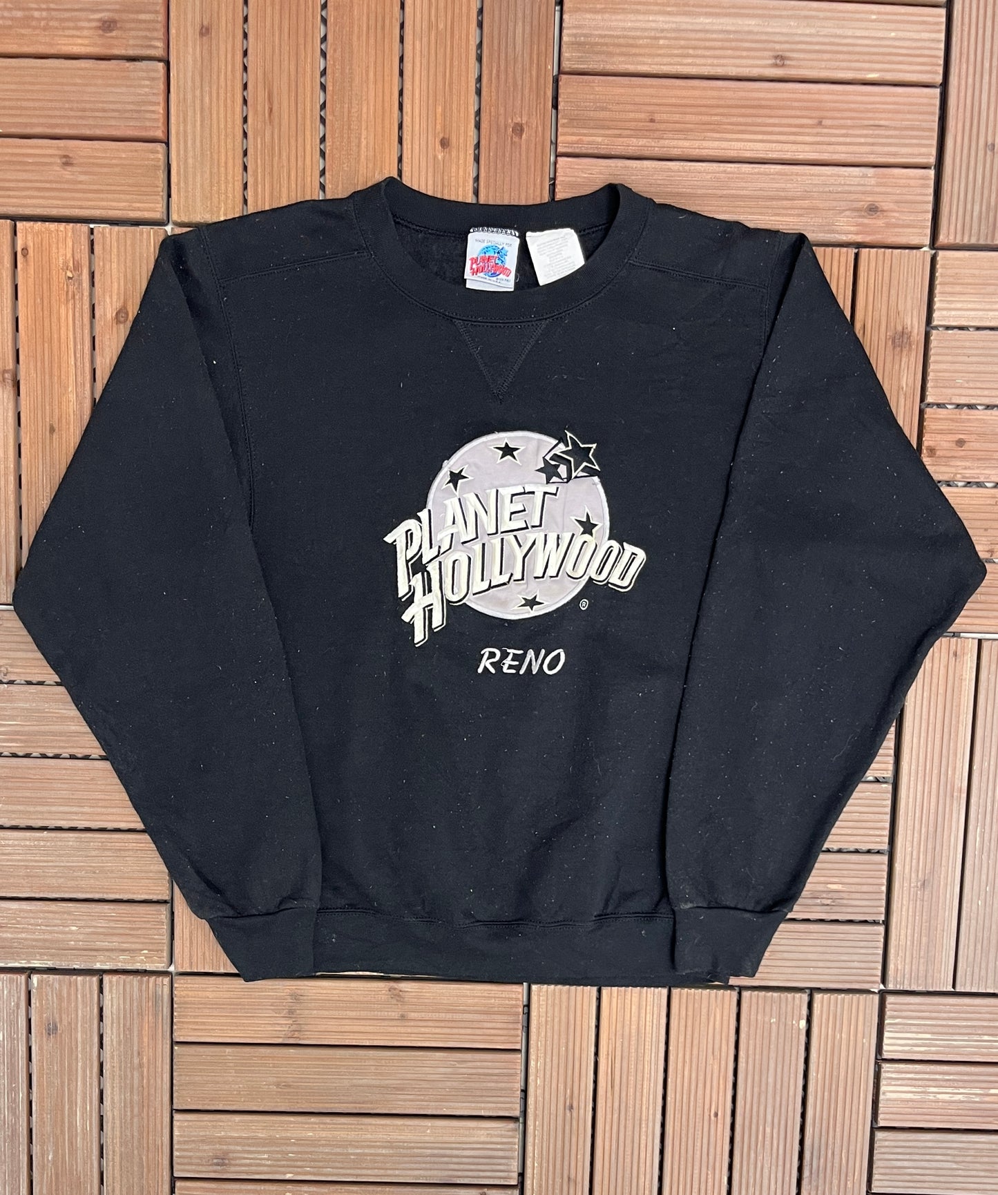 Planet Hollywood Reno Graphic Crewneck | Size Small | Vintage 1990s Tourist Promotional Black Sweater |