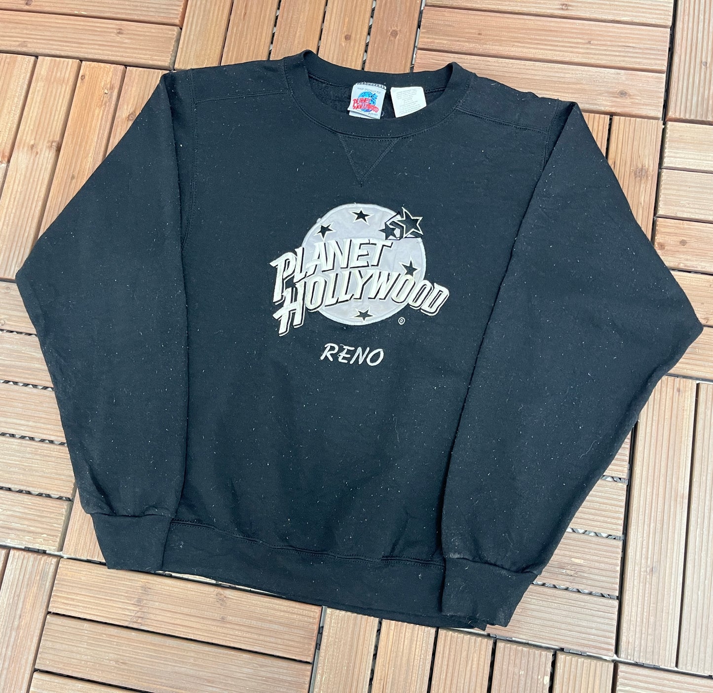 Planet Hollywood Reno Graphic Crewneck | Size Small | Vintage 1990s Tourist Promotional Black Sweater |