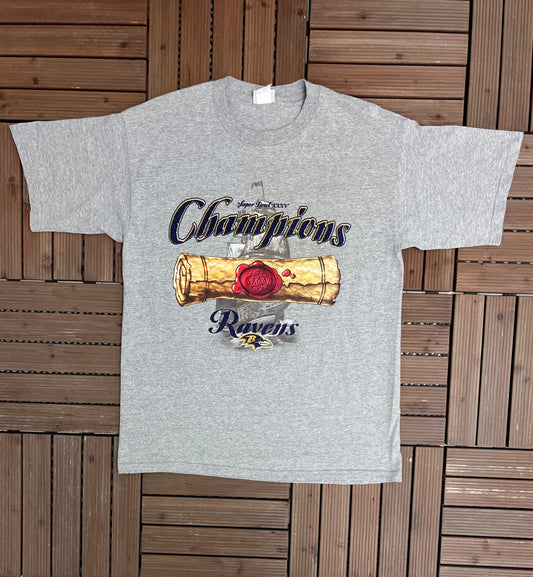 Baltimore Ravens AFC Champions Graphic Tee | Size Large | Vintage 2000s NFL Football Grey T-Shirt |