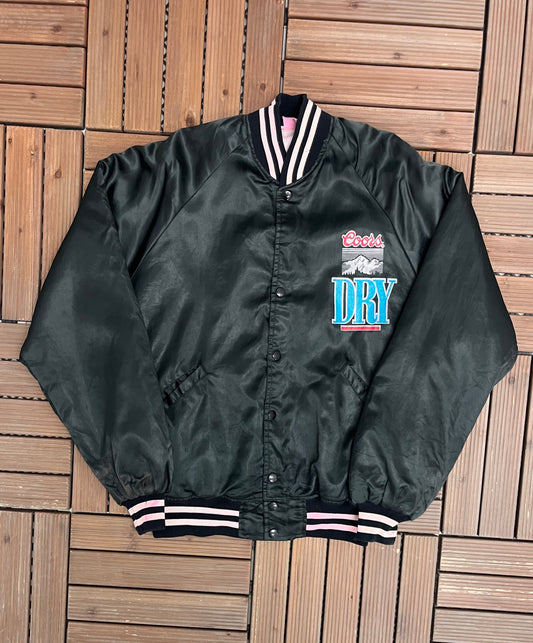 Coors Dry Graphic Varsity Jacket | Size Medium | Vintage 1990s Black Bomber Coat |