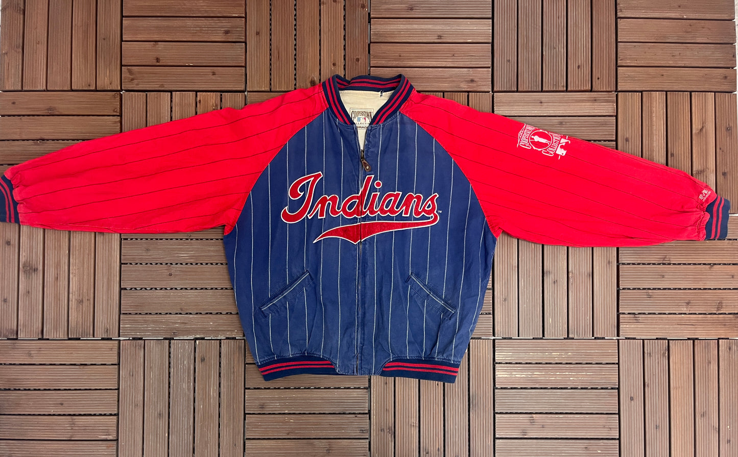 Cleveland Indians Pinstripe Stitched Graphic Jacket | Size X-Large | Vintage 1990s MLB Baseball Blue Jacket |