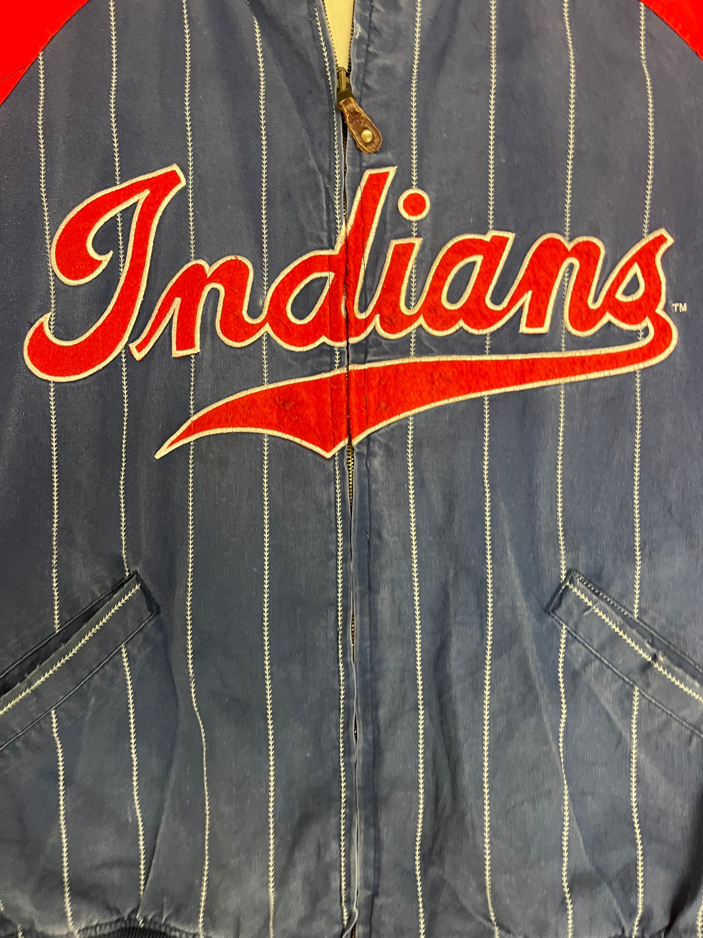 Cleveland Indians Pinstripe Stitched Graphic Jacket | Size X-Large | Vintage 1990s MLB Baseball Blue Jacket |