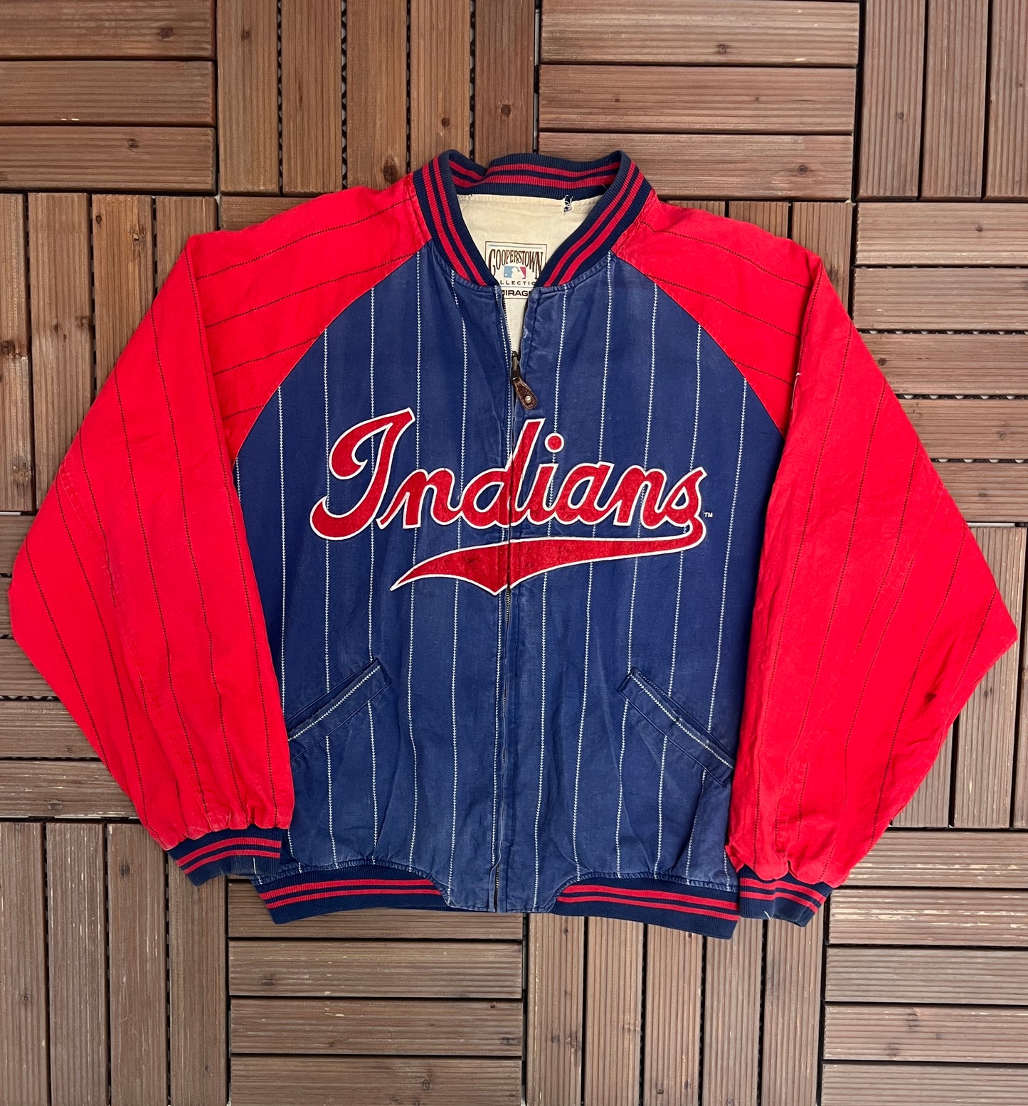 Cleveland Indians Pinstripe Stitched Graphic Jacket | Size X-Large | Vintage 1990s MLB Baseball Blue Jacket |